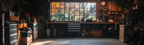 A cozy workshop with tools and natural light, perfect for DIY projects and craftsmanship. photo