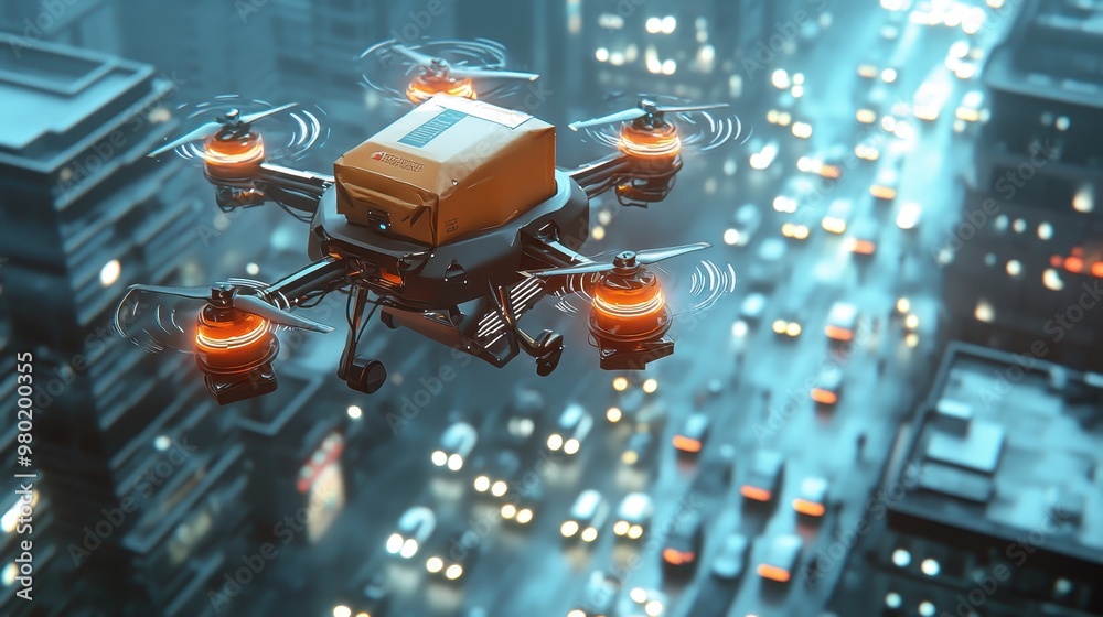 Naklejka premium Drone Delivery Above City Traffic