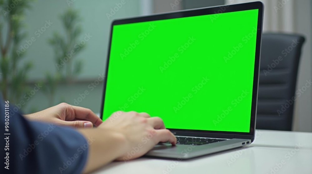 Laptop Screen Mockup: Green Display for Digital Content Presentation in Office Setting Laptop Screen Mockup: Green Display for Digital Content Presentation in Office Setting