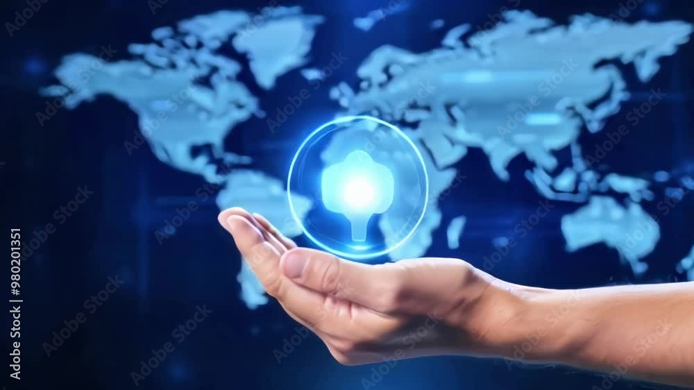 Hand Holding Sustainable Technology Leaf with Glowing Globe Over World Map Background Hand Holding Sustainable Technology Leaf with Glowing Globe Over World Map Background