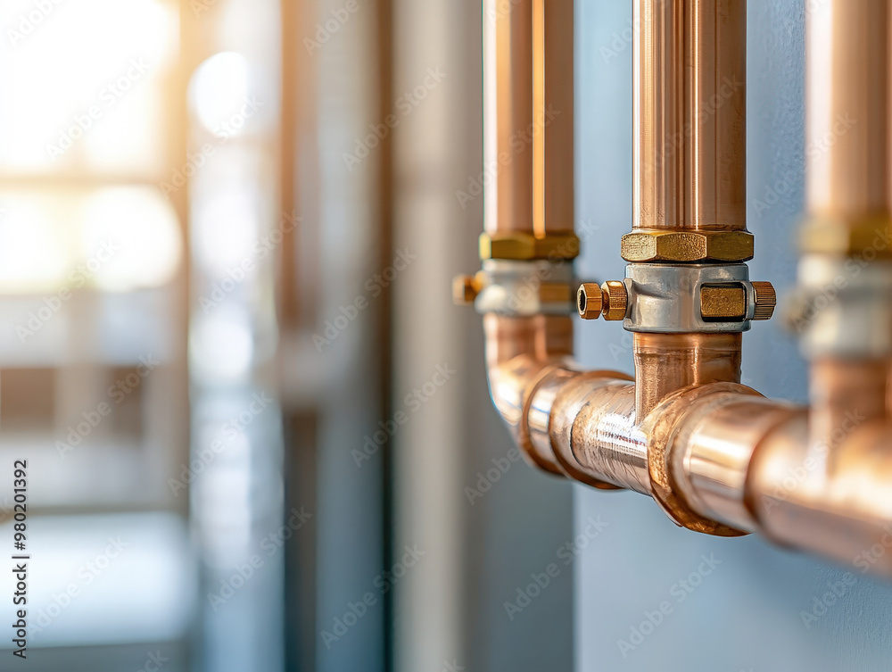 Detailed Close-Up of Tankless Water Heater Installation in Basement with Copper Pipes and Sunlight Streaming Through Window Detailed Close-Up of Tankless Water Heater Installation in Basement with Copper Pipes and Sunlight Streaming Through Window