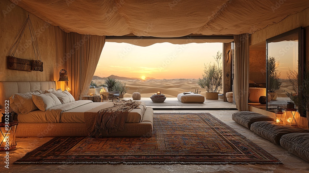 Show a luxury bedroom in a desert villa, with sand dunes and a sunset view framing the space Show a luxury bedroom in a desert villa, with sand dunes and a sunset view framing the space