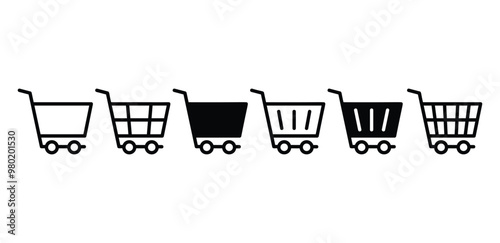 set of shopping cart icon symbol vector design black white color simple outline and black fill illustration isolated
