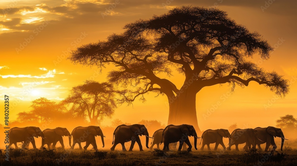 Fototapeta premium Elephants Walking Through the African Savanna at Sunset