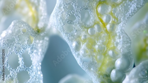 Close-up Macro of White Delicate Flower Petals with Bubbles and a Yellow Center