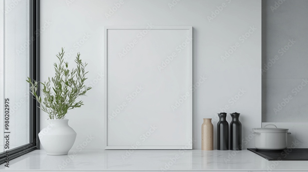 Blank white frame board on white kitchen wall and plant interior home aesthetic decoration Blank white frame board on white kitchen wall and plant interior home aesthetic decoration