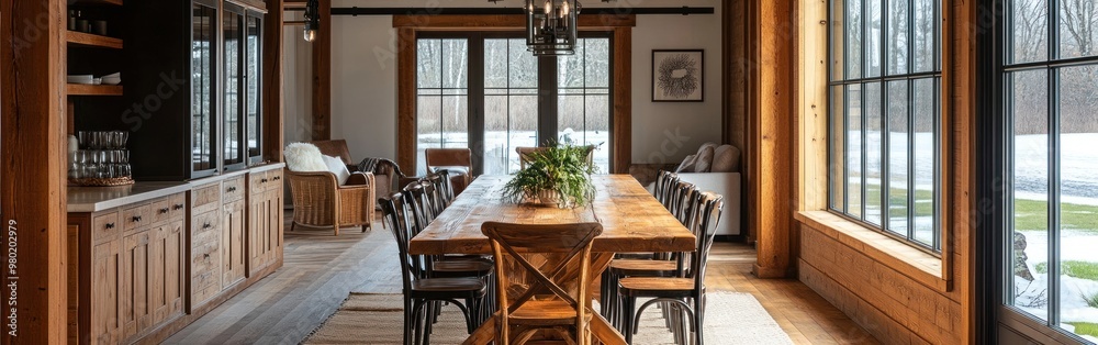 A cozy dining area featuring a wooden table surrounded by chairs and large windows. A cozy dining area featuring a wooden table surrounded by chairs and large windows.