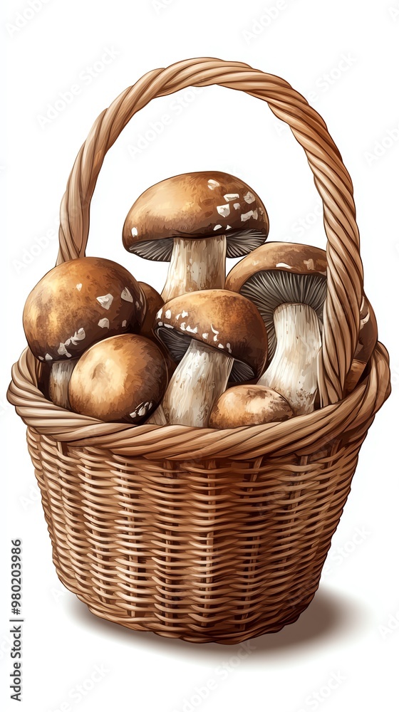A wicker basket filled with fresh brown mushrooms on a white background. A wicker basket filled with fresh brown mushrooms on a white background.