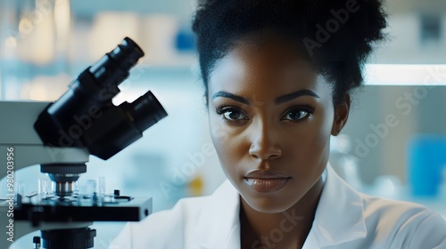 African American Woman Scientist Looking at Microscope Lens photo