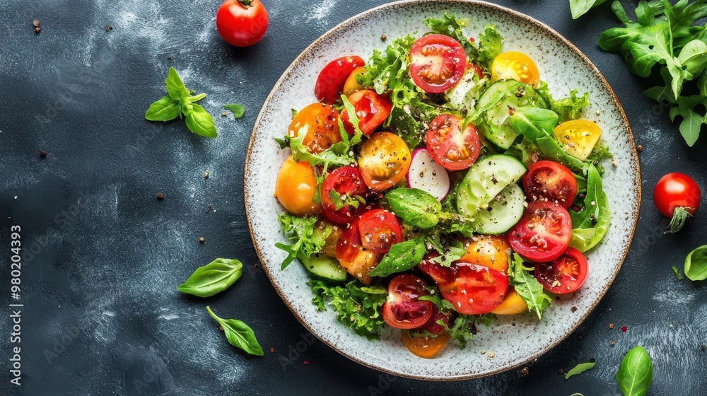 Fresh Salad with Tomatoes, Cucumbers, and Greens Fresh Salad with Tomatoes, Cucumbers, and Greens