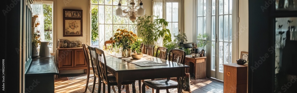 A sunlit dining room with a large table, plants, and a cozy atmosphere for gatherings.