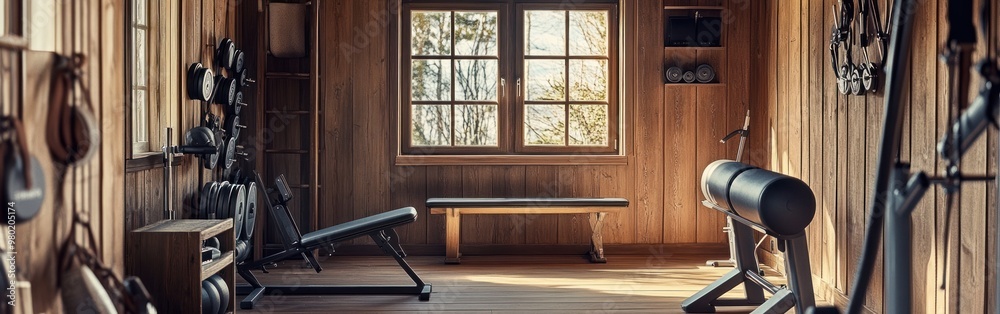 A cozy home gym featuring workout equipment and natural light. A cozy home gym featuring workout equipment and natural light.