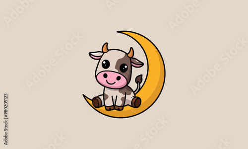 Cartoon cow sitting on a crescent moon in vector style