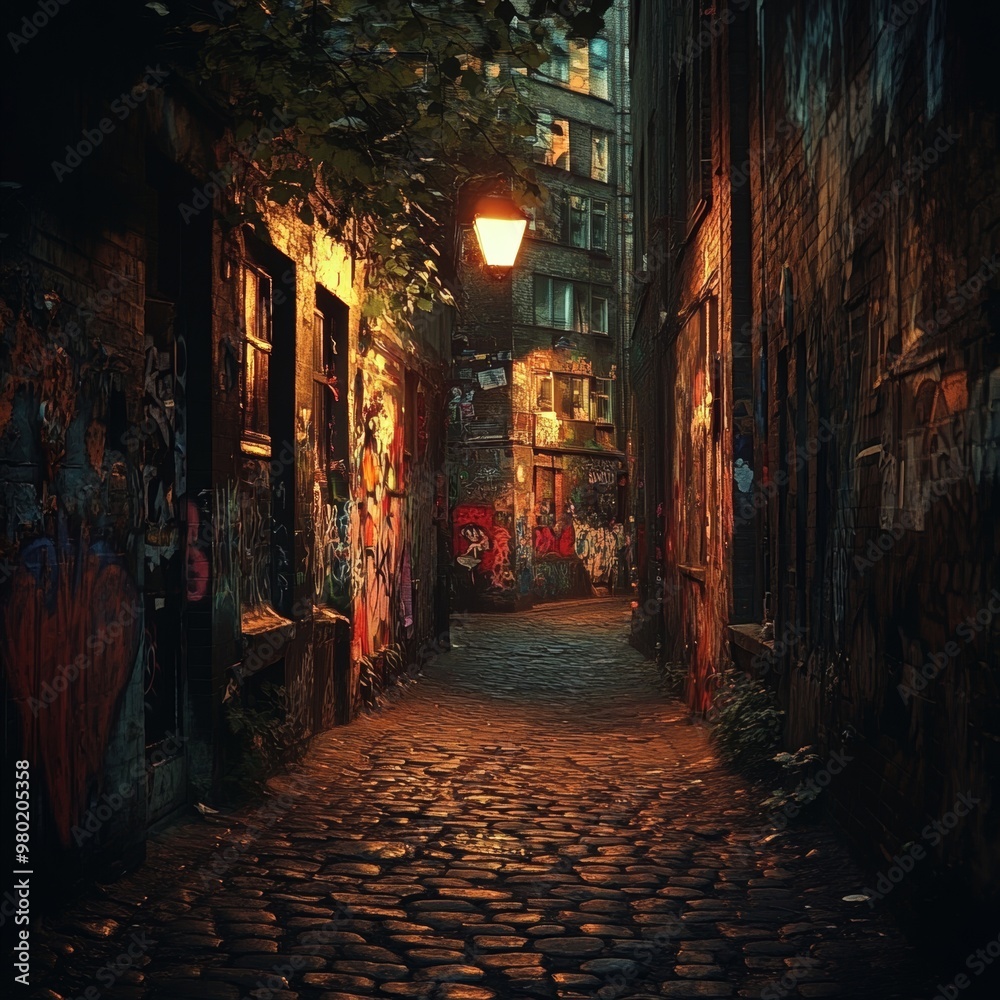 Fototapeta premium Cobblestone Alleyway with Streetlight at Night