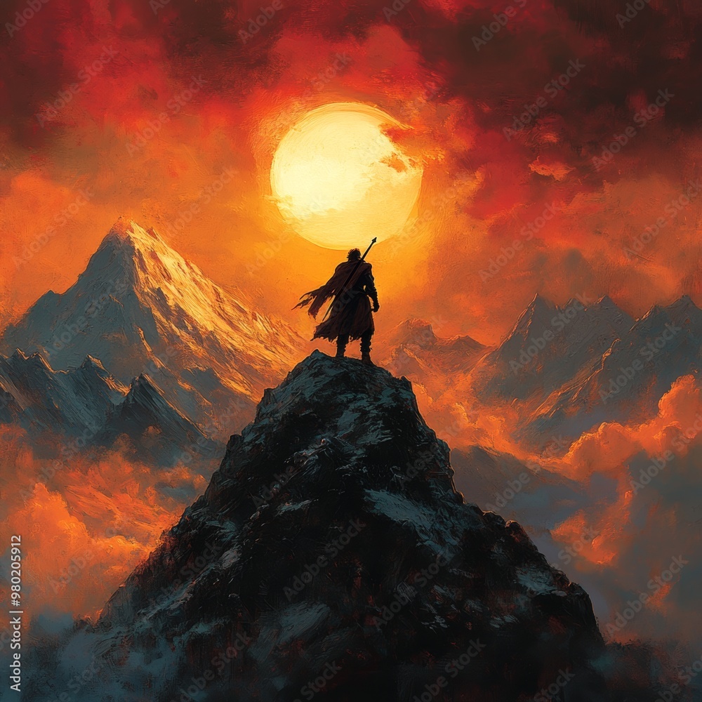 Silhouette of a Man on a Mountain Peak with Red Sunset and Large Sun Silhouette of a Man on a Mountain Peak with Red Sunset and Large Sun
