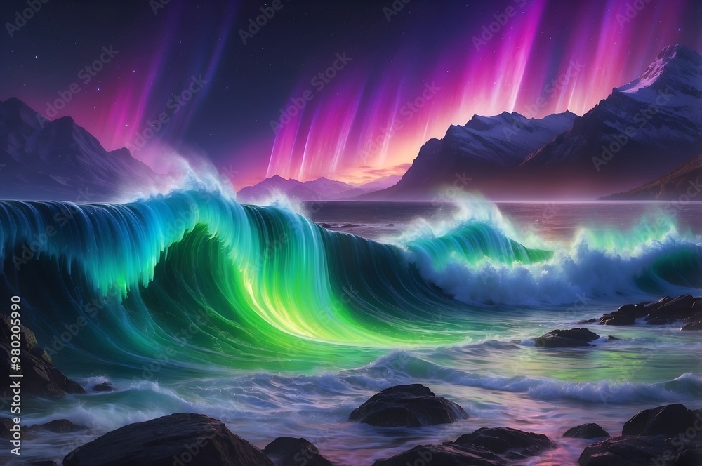 A stunning fantasy seascape with glowing waves under vibrant auroras, blending nature's beauty and surrealism in a magical, dreamlike scene. A stunning fantasy seascape with glowing waves under vibrant auroras, blending nature's beauty and surrealism in a magical, dreamlike scene.