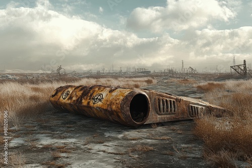 Rusty Vehicle Wreckage in a Post-Apocalyptic Landscape photo