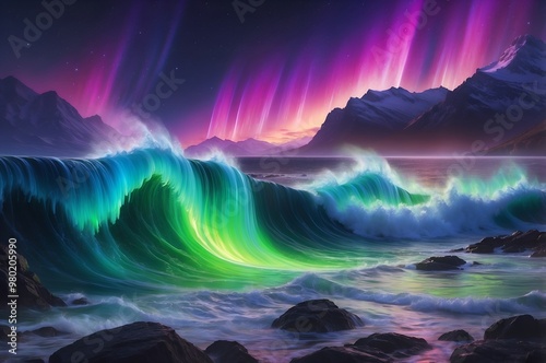 A stunning fantasy seascape with glowing waves under vibrant auroras, blending nature's beauty and surrealism in a magical, dreamlike scene.