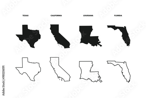 USA states map silhouette, texas, California, Louisiana, florida map America state map vector outline of united states of America for geography, educational, learning tool