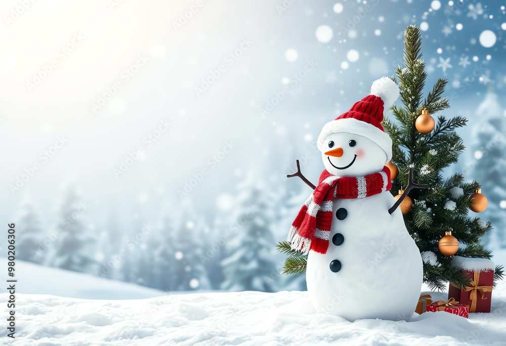 Christmas copy space background for text with snowman, tree and gift box in a snowy landscape. Christmas copy space background for text with snowman, tree and gift box in a snowy landscape.