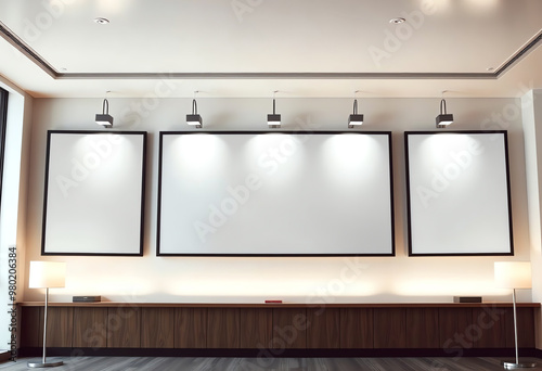 Four empty whiteboards in modern office interior.