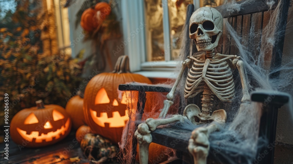A plastic skeleton sits in a rocking chair on a porch. The chair is covered in cobwebs and there are several lit jack-o'-lanterns on the porch. The skeleton is facing the viewer. A plastic skeleton sits in a rocking chair on a porch. The chair is covered in cobwebs and there are several lit jack-o'-lanterns on the porch. The skeleton is facing the viewer.