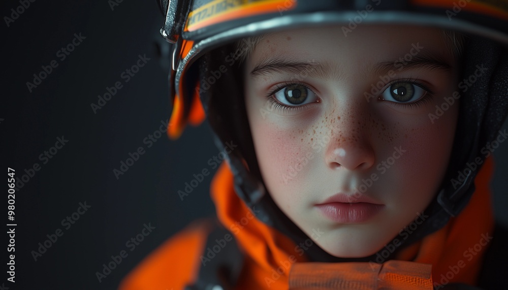 Boy wearing firefighter uniform, firefighter worker, dream of becoming a firefighter
