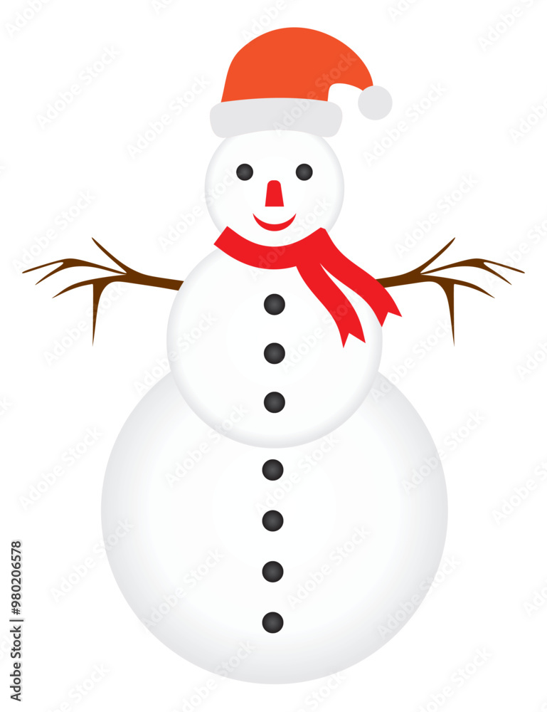 Snowman With Santa Hat Nose And Eyes And Hand And Scarf. Isolated On Transparent Background. Snowman With Santa Hat Nose And Eyes And Hand And Scarf. Isolated On Transparent Background.
