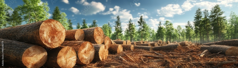 Stacked Tree Logs in Forest Clearing with Blue Sky Stacked Tree Logs in Forest Clearing with Blue Sky