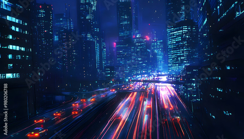 A bustling city at night, with skyscrapers illuminated and traffic creating streaks of light