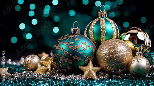 Colorful gold green Christmas ornaments baubles festive holiday decor, luxury glossy metallic ball, beautiful vibrant celebration with a glittering bokeh background