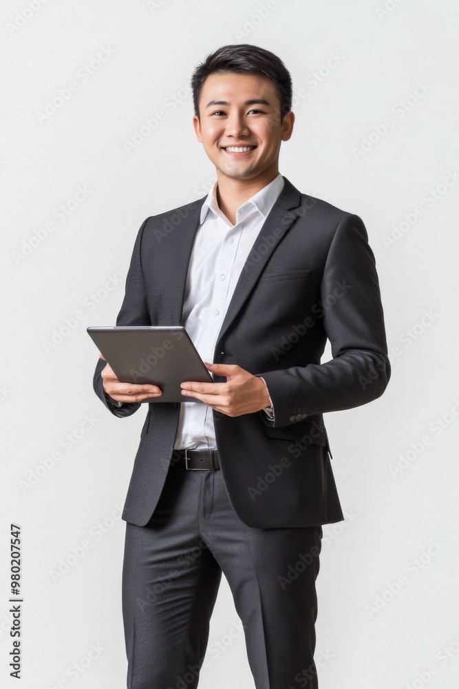 photo of asian model wearing formal suit holding tablet, photo of business man or professional worker, behind white background photo of asian model wearing formal suit holding tablet, photo of business man or professional worker, behind white background