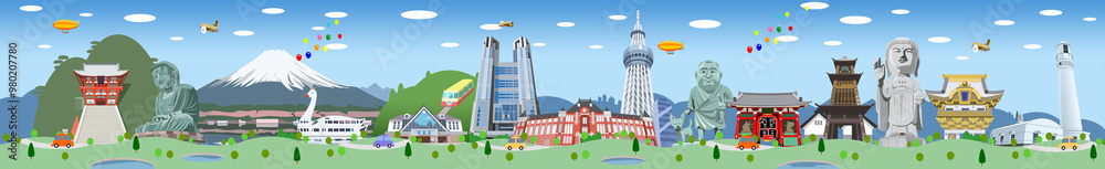 関東エリア観光地イラスト集合 背景付き 関東エリア観光地イラスト集合 背景付き