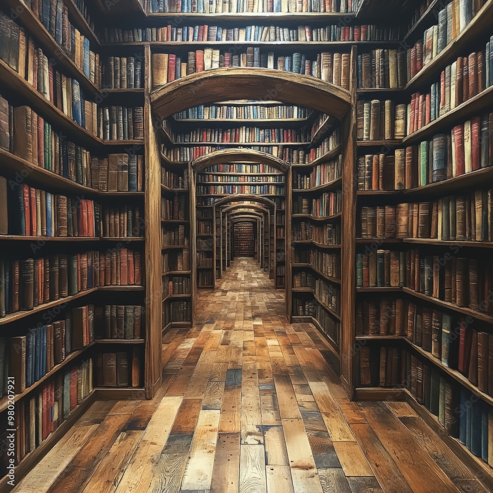 Old Bookshelves in a Library with Arched Entrance Old Bookshelves in a Library with Arched Entrance