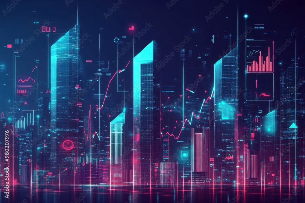 Neon Futuristic Cityscape with Economic Indicators Neon Futuristic Cityscape with Economic Indicators