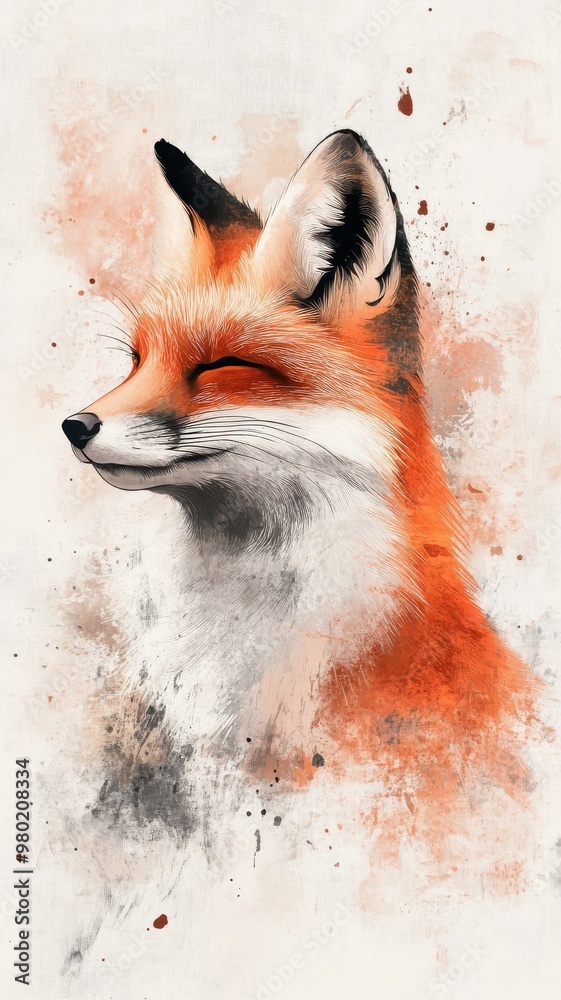 Fototapeta premium Watercolor style illustration of a fox, with soft brushstrokes and flowing color transitions.
