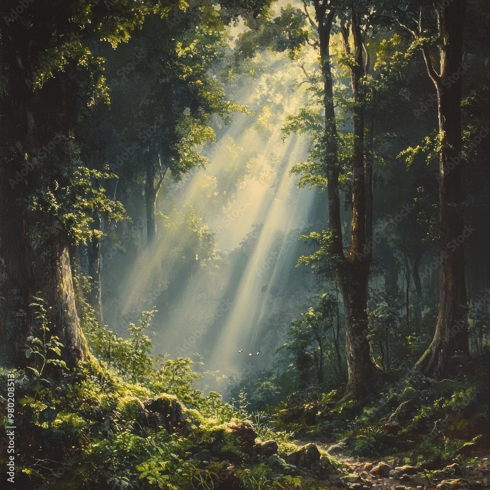Sunbeams Through Forest Canopy Misty Woodland Path Lush Greenery Nature Trees Sunligh Sunbeams Through Forest Canopy Misty Woodland Path Lush Greenery Nature Trees Sunligh