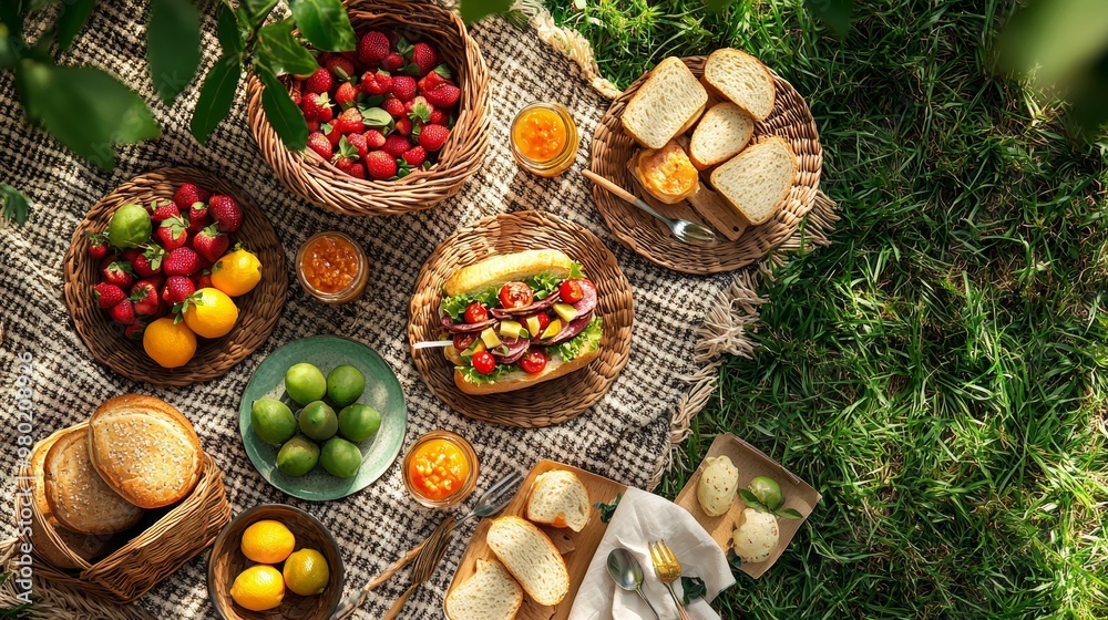Summer Picnic Basket with Sandwiches Fruits and Bread Summer Picnic Basket with Sandwiches Fruits and Bread