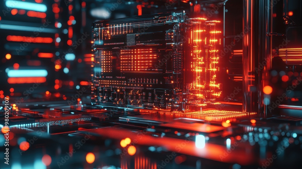 Futuristic Technology, Red and Blue Lights, Cyberpunk Aesthetic Futuristic Technology, Red and Blue Lights, Cyberpunk Aesthetic