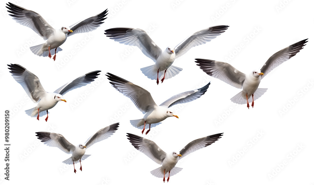 Obraz premium Close Up To a Flock of Flying seagull birds PNG isolated on white and transparent background - Coastal Marine Seabird