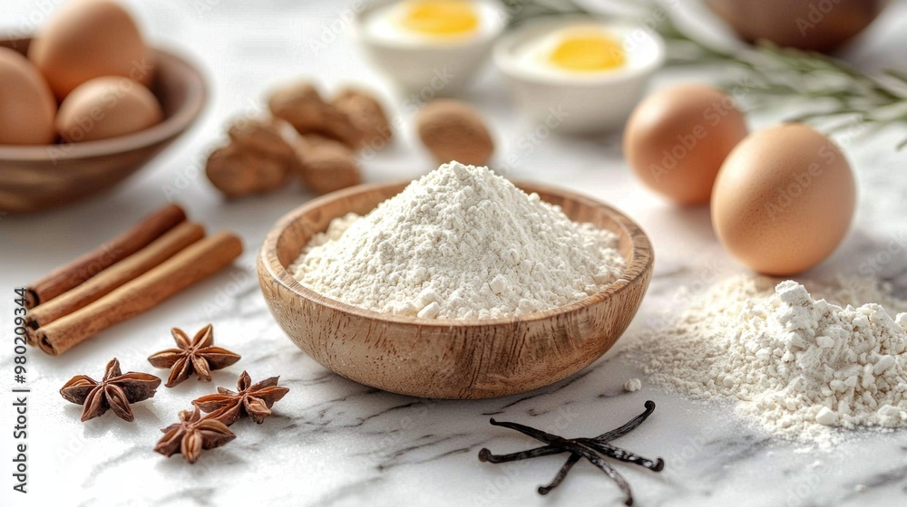 Baking Ingredients Flour Eggs Cinnamon Star Anise Vanilla Bean Wood Bowl Marble Co Baking Ingredients Flour Eggs Cinnamon Star Anise Vanilla Bean Wood Bowl Marble Co