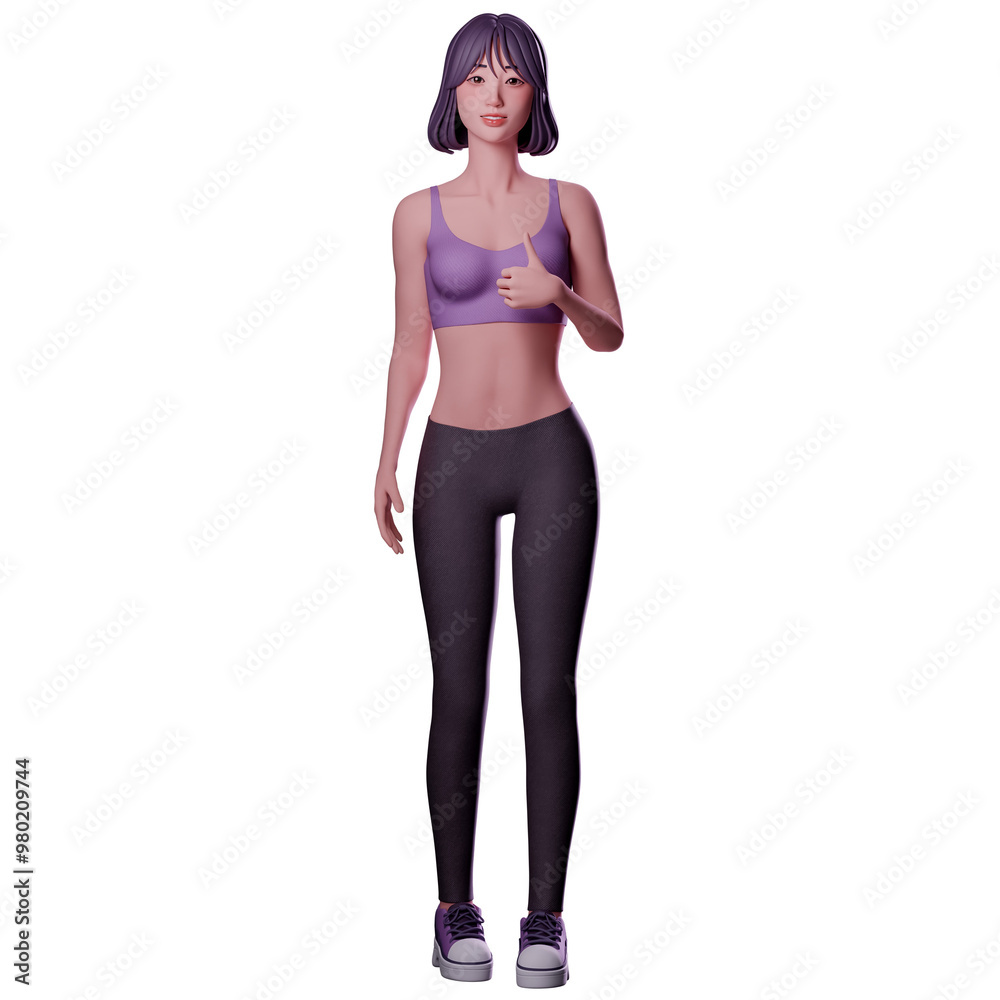 Beauty sport girl in sport wear showing thumbs up hand gesture with right hand, 3D character render Beauty sport girl in sport wear showing thumbs up hand gesture with right hand, 3D character render