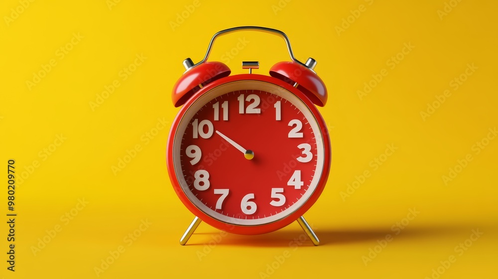 Red Alarm Clock On Yellow Background Red Alarm Clock On Yellow Background