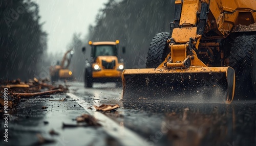 Chainsaws and heavy equipment used by responders to clear a massive fallen tree from a highway, under stormy skies, capturing the chaos of natural disasters photo