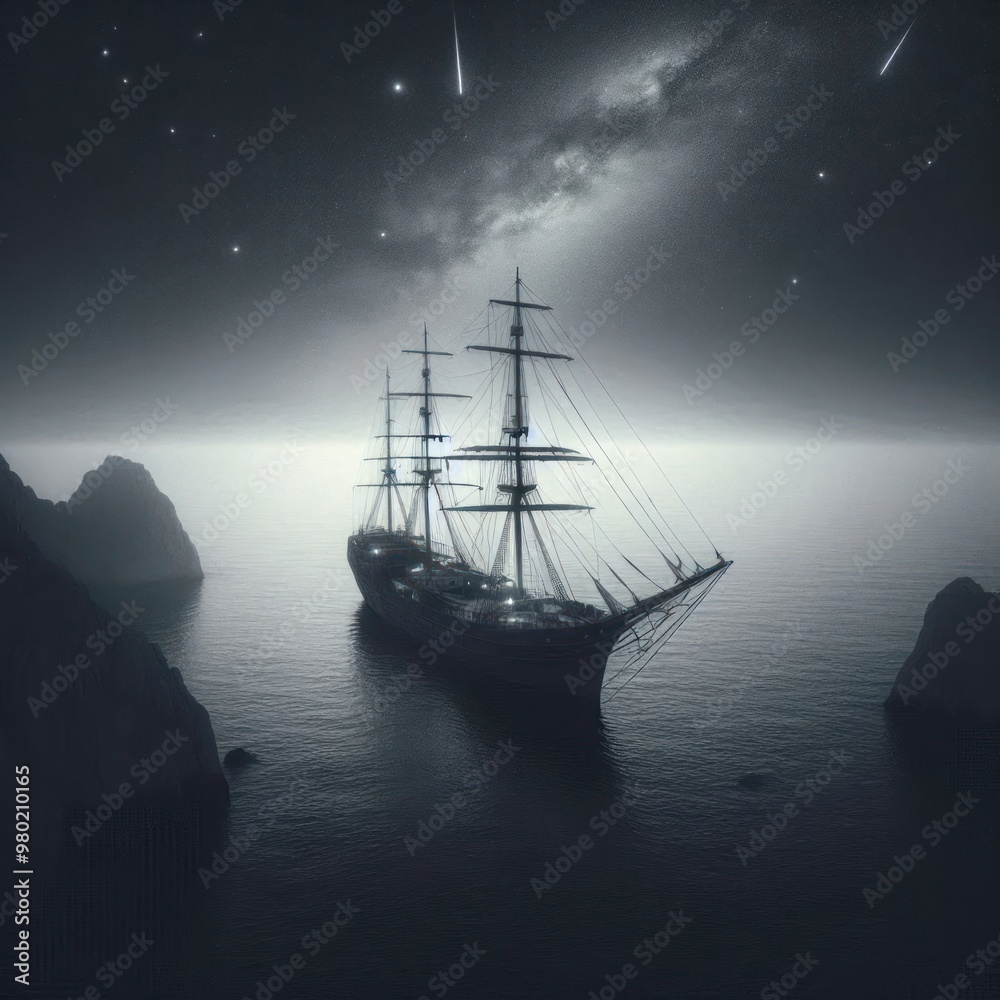 Fototapeta premium A lonely ship under the starry sky.