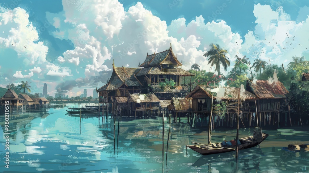 Obraz premium An illustrated traditional Thai fishing village with stilt houses above the water