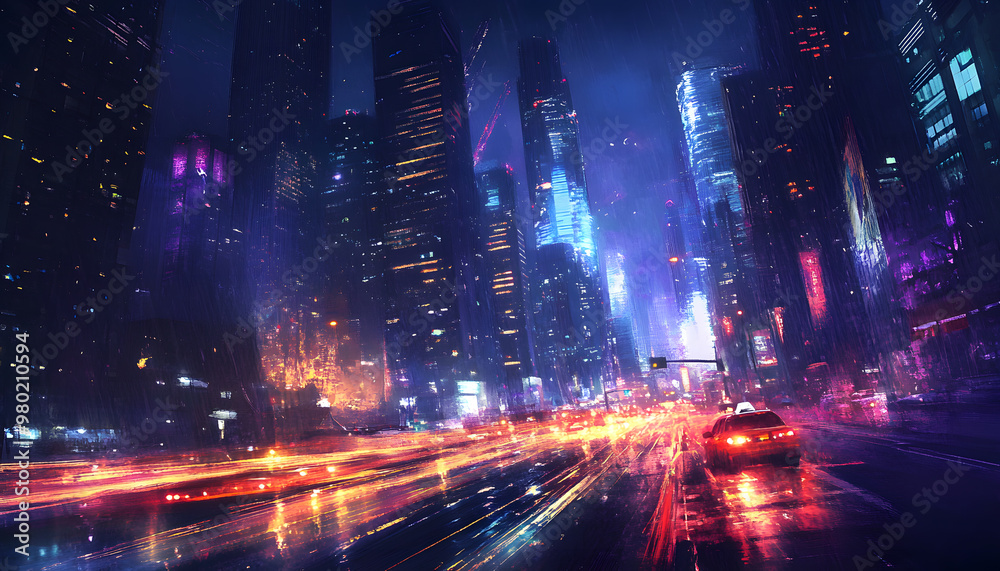 A bustling city at night, with skyscrapers illuminated and traffic creating streaks of light A bustling city at night, with skyscrapers illuminated and traffic creating streaks of light