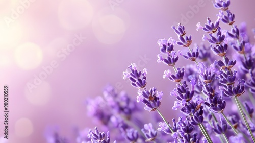 Close-up of lavender flowers against a soft purple background with bokeh.