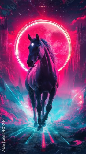 Horse in Synthwave style, surrounded by neon colors and retro-futuristic elements, creating a vibrant and nostalgic scene.