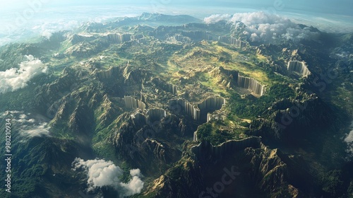 Aerial view of Earth with towering walls marking the borders between countries.